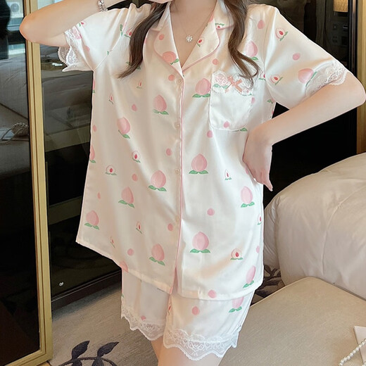 Victorias Stil Sommerpyjamas für Frauen Ice Seiden kurzärmelige Hosen süße und süße Pfirsich Sommer dünne zweiteilige Anzug YX#9905 Kurzärärmelhosen M (Empfohlen 75-95jin [Jin gleich 0,5 kg]))