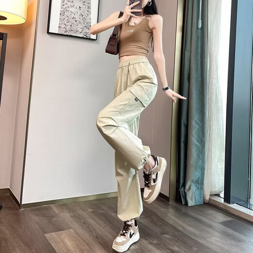 Lässige einfache Dopamin-Verschleiß-Arbeitshose für Frauen im Frühling und im Sommer Drawess Hip-Hop Dünne Drop-Feel Weitbein-Bodenhose My-689 Black XL