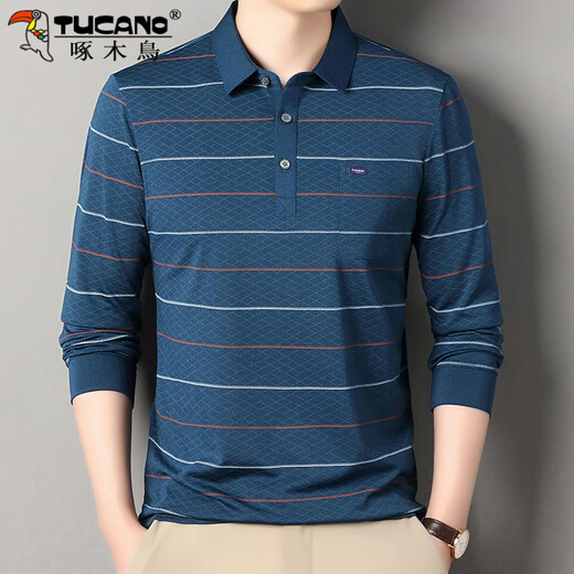 
Woodpecker striped long-sleeved T-shirt for men in spring and autumn new casual middle-aged and elderly daddy lapel pocket base middle-aged top SY-CX-6627 green thin XL 175/135-155Jin[Jin equals 0.5 kg]