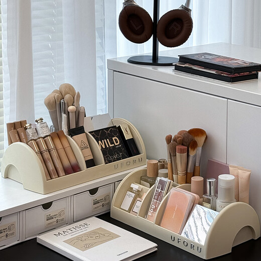 Oluxun Customized Desktop Cosmetic Storage Box INS Style Dressing Tisch Hautpflegeprodukt Finishing Box Lippenstift Make -up Pinsel Partition Multifunktionsspeicher - Cream White [kann sich horizontal bewegen] DF -693