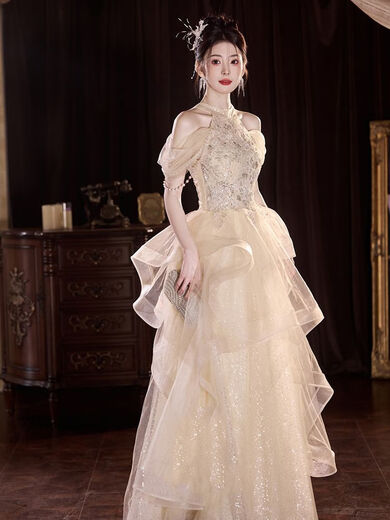 Champagne halterneck tassel evening dress for host adult ceremony, light wedding dress, high-end dressing gown, female bride's toast dress, engagement dress, champagne color XS