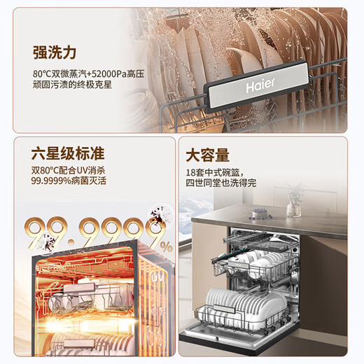 Haier built-in dishwasher W30SPro 18 sets, large capacity, frequency conversion, first-class water efficiency, steam washing, intelligent door opening, quick drying W30SPro 18 sets, steam washing