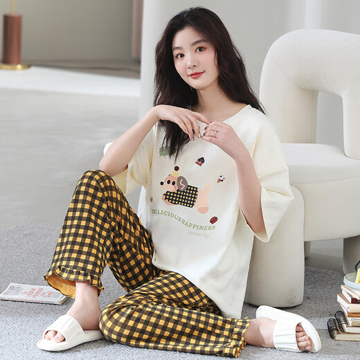 Katzenmann 100% reine Baumwollpyjamas für Frauen im Sommer kurzärmelige Hosen lässig losen Frauen-Hauskleidung Großgröße kann außerhalb von Anzug 687 Meter Aprikosenfarbe L [Empfohlen 100-120 Jin [Jin gleich 0,5 kg]]