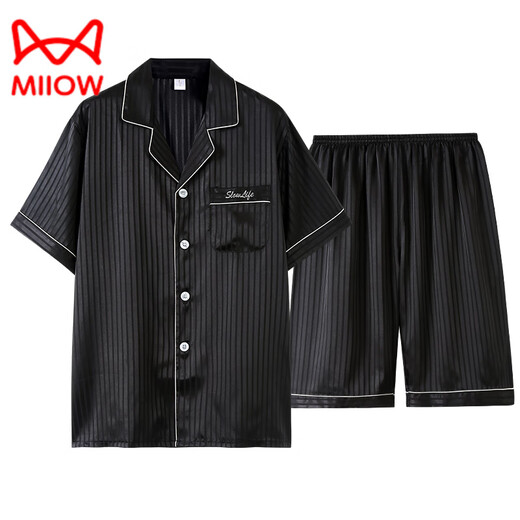 猫人（MiiOW）睡衣男夏季薄款冰蚕丝短裤短袖夏天大码仿真家居服套装 白色  XD9923字母 L