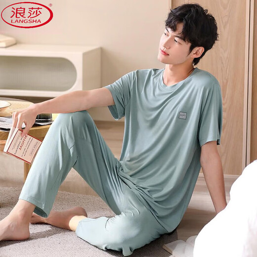 浪莎（LangSha）柔软莫代尔棉睡衣男夏装新款短袖长裤薄款冰丝凉感男款家居服套装 AGF2687短长男 5XL 【200-220斤】