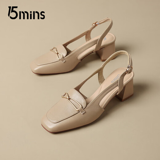 
15MINS sandals women's new summer elegant high heels one-button bag-toe single shoes D1302AQ5 apricot color 37