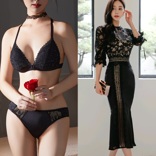 维多利亚宫廷无钢圈三角杯内衣套装 法式前扣舒适美背文胸薄款大胸显小胸罩 黑色套装 M