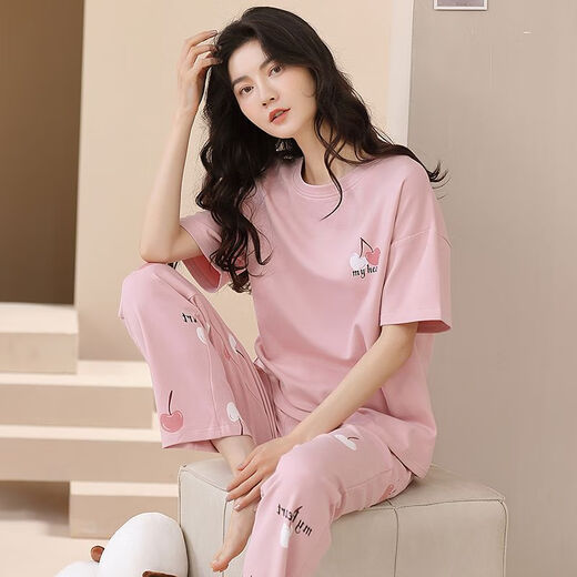 浪莎100%纯棉睡衣女春夏短袖长裤休闲宽松女韩版家居服秋季可外穿套装 T-9720(短袖长裤) M码(85-105斤) 均码