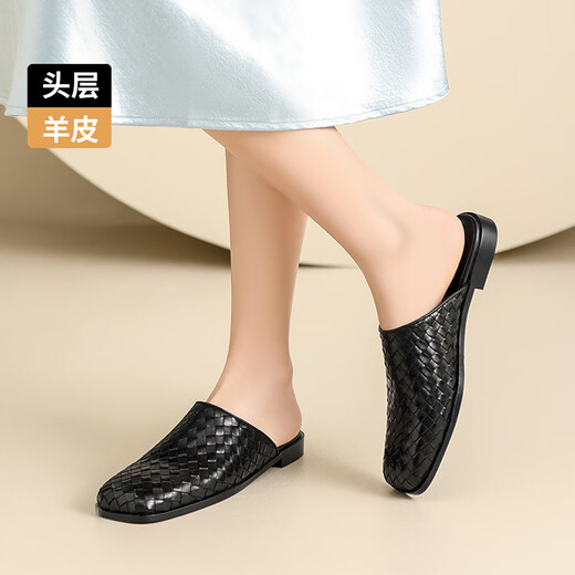 ZHR top layer sheepskin slippers for women in summer retro muller style semi-drag women's outer wear commuter women's shoes S677 noble black 34