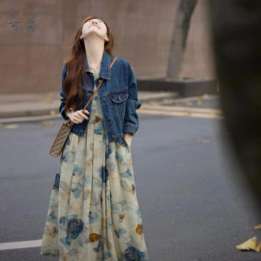 Keyin Kleid Frauenanzug 2025 Herbst- und Winter neuer Salztyp-modischer altersreduzierender Denimjacke Tinte-Malrock für Frauen-Denimjacke + Blumenrock [Set] XL