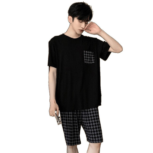 TTPMER pajamas men's summer short-sleeved thin style youth casual extra-large size 230 Jin [Jin equals 0.5 kg] fat student home clothing set 378 black diamond + 6630# Run Xiaoxin 170 Student M[80-100 Jin[Jin equals 0.5 kg]]