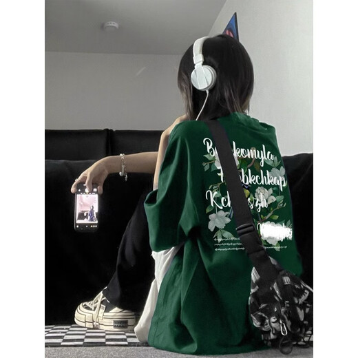 邦圻美式hiphop高街T恤女夏宽松大码慵懒风纯棉短袖ins潮牌情侣装 3880*藏青7 5XL