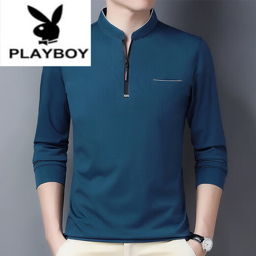 Playboy (PLAYBOY) pure cotton long-sleeved T-shirt men's casual thin T-shirt top summer spring autumn winter middle-aged men's stand-up collar bottoming long-sleeved 6625 dark blue thin section L 170 recommended 120-140 Jin Jin equals 0.5 kg