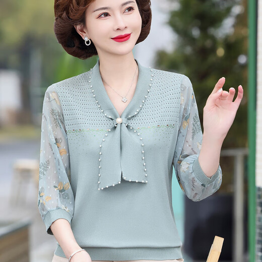 花花公子新款妈妈春装洋气纱袖针织恤薄款打底衫 蓝色6636 XL (建议115-125斤)