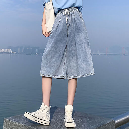 
SuoWANYI (SUOWANYI) denim mid-trousers seven-point over knee five-point loose tight high waist plus size women's fat mm [1585: light blue 5-point over knee (middle) pants] M