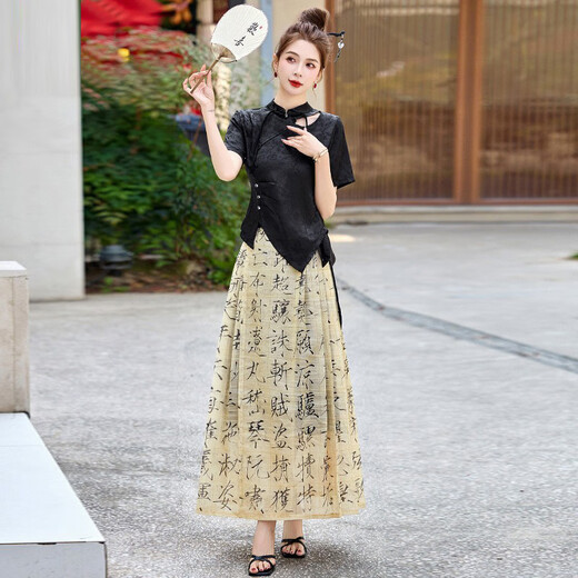 Ehangy轻奢品牌连衣裙女2025夏季新款新中式国风改良旗袍汉服马面裙套装 黑色 M