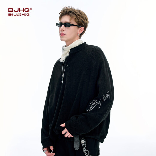 BJHG reckless henley collar polo shirt men's autumn trendy brand 2025 new long-sleeved sweatshirt loose inner layering shirt graphite black XL