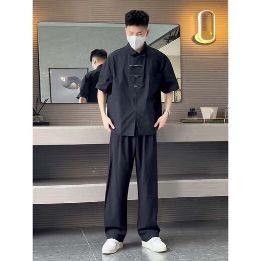 Woodpecker (Tucano) Nouveau bouton d'avion chinois chemise à manches courtes pantalon drapé pour hommes en été porte un ensemble complet de vêtements de fiançailles vêtements blancs + t-shirt noir + pantalon noir trois pièces xl [125-140jin [Jin est égal à 0,5 kg]]]
