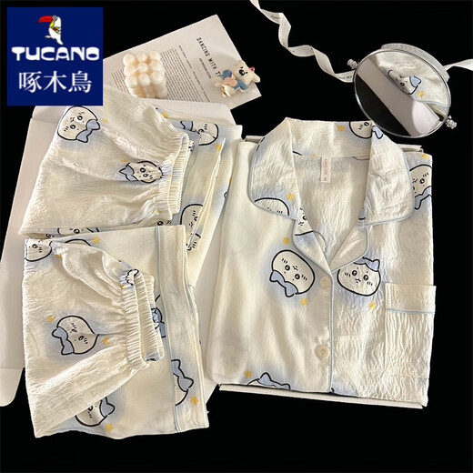 啄木鸟日系吉伊卡哇chiikawa睡衣女款夏季纯棉纱布可爱小八家居服三件套 云朵棉-J9901#乐园小狗三件套 M 【建议75-100斤】