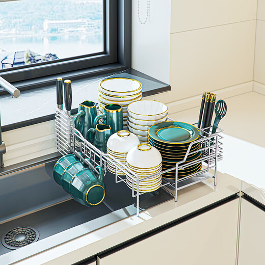 Jijian Space Kitchen Bowl Rack Drain Rack Countertop Multi-functional Pool Place Chopsticks Water Cup Storage Rack Tableware Bowl Dish Storage Rack M688 Small Single Layer Silver Gray 47CM Full Set of Pendants
