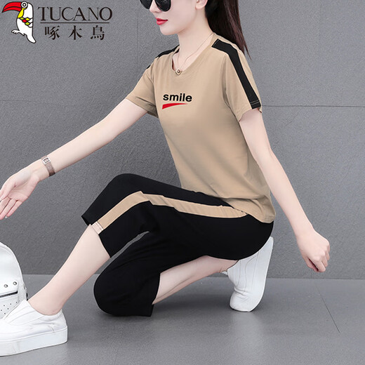
Woodpecker Summer Sports Set Women's Short Sleeve 7-Cut Pants Casual Clothes Middle-aged Mom's Apparel Age Reducing Two-Piece Set Khaki XL