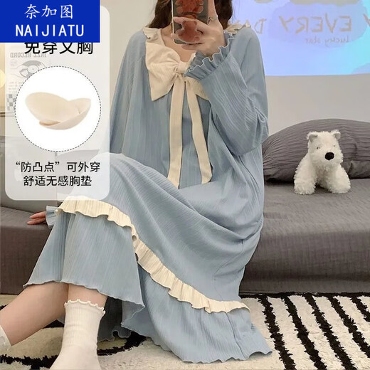 奈加图加长版自带胸垫睡裙短袖宽松学生睡衣女夏季公主风宿舍过膝可外穿 【带胸垫】16853加版 M