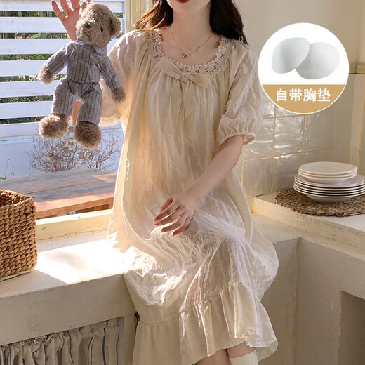 Camisón de manga corta con algodón de algodón de algodón de algodón de color sólido para mujeres en verano estilo dulce princesa suelto y se puede usar fuera de ropa casera y671# albaricoque xl