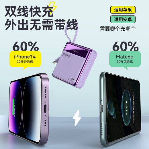 IMF direct operation, national 3C certification, can be used on airplanes and high-speed trains, super fast charging power bank, large capacity, portable power bank with built-in cord, suitable for Apple 20,000 mAh, exclusive version of iris blue, super fast charging + high-quality battery cells, 3C certification/same day and next day delivery, recommended top version, can be used on airplanes