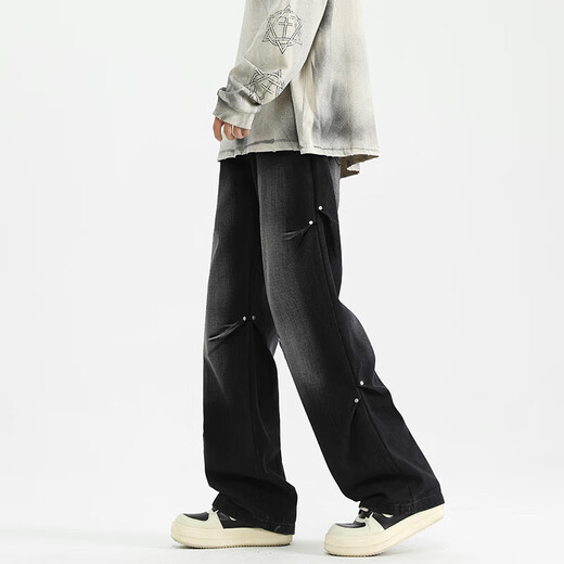 MONPOC American jeans men's spring, autumn and winter retro trendy loose straight casual pants MON02 black gray 2XL