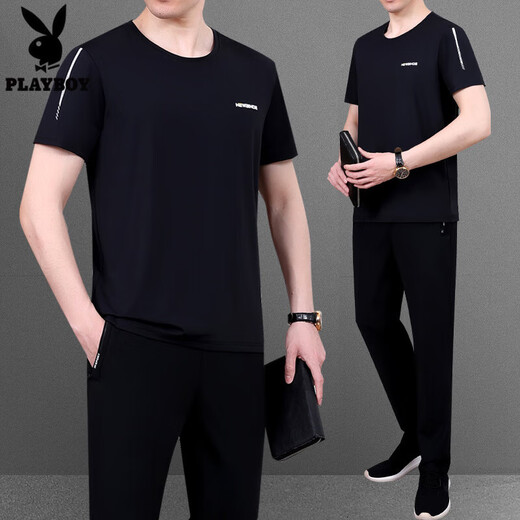 Playboy (Playboy Outdoor) Sommer Ice Seide Kurzärärmelte T-Shirt Herrenanzug 2025 neuer Stil mittleren und älterer Vatertags Sommer Sportbekleidung zweiteiliger JM869 Bean Green XL