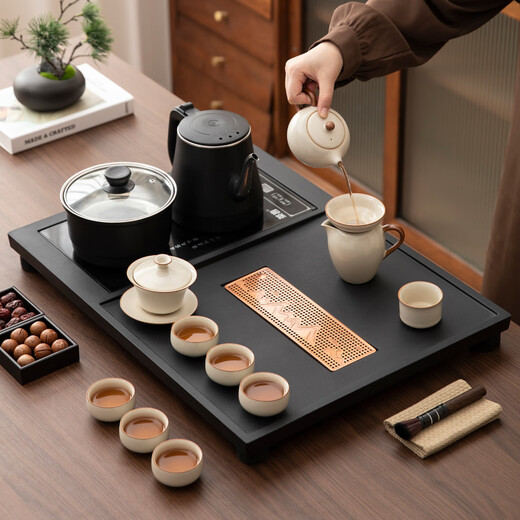 High-end small tea set set, high-end tea table, kettle, fully automatic water supply, integrated tea tray, new black gold porcelain stone, Guanshan Electric tea tray + Ru kiln tea set