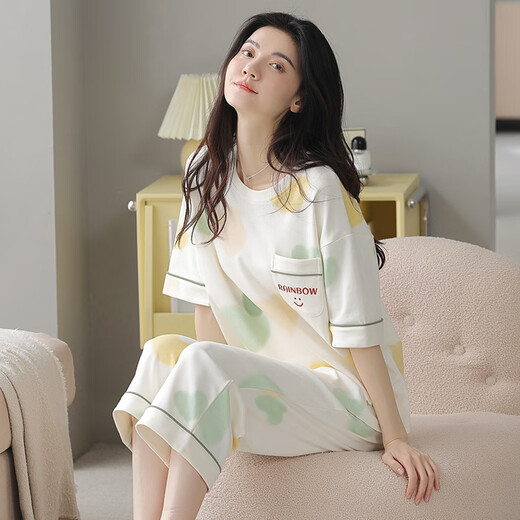 Fenten pajamas for women in summer pure cotton short-sleeved cropped pants can be worn on the outside sweet and casual cotton women's home clothes 9882 breastless pad [pure cotton] 2XL Recommended 140-155 Jin [Jin equals 0.5 kg]