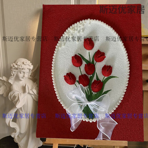 Milan Tulip Dreidimensionale Texturmalerei Quarz Sand Acryl-Ölmalerei DIY Handgemachte Materialpaket High-End-Dekorationsmalerei QX11304 Texturmalerei [Bogen zufällig gesendet] 60*70 cm dicke, massive Holz Innere Rahmen + dekorativer äußerer Außenrahmen (