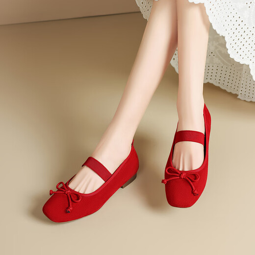 ZHR Single Shoes Frauen Sommertemperament Bow weiche flache Mary Jane Lederschuhe Frauen flacher Mund Ballet Frauenschuhe AH683 rot 39