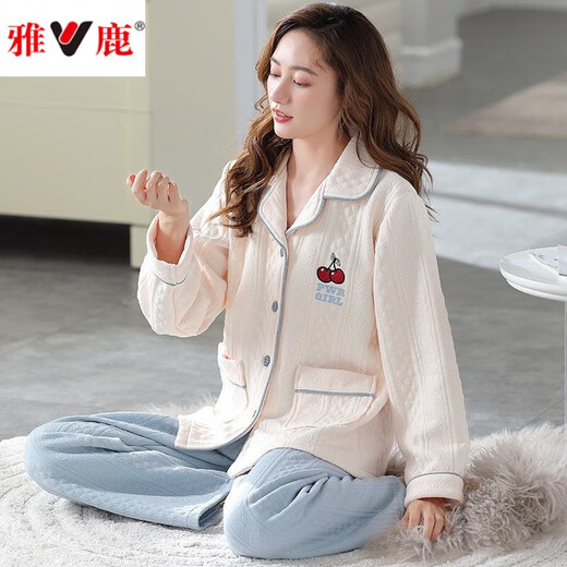 雅鹿女秋冬季纯.棉薄款夹棉2025年新款夹层空气棉家居服可外穿套装 XP4859 L码【100-120斤】