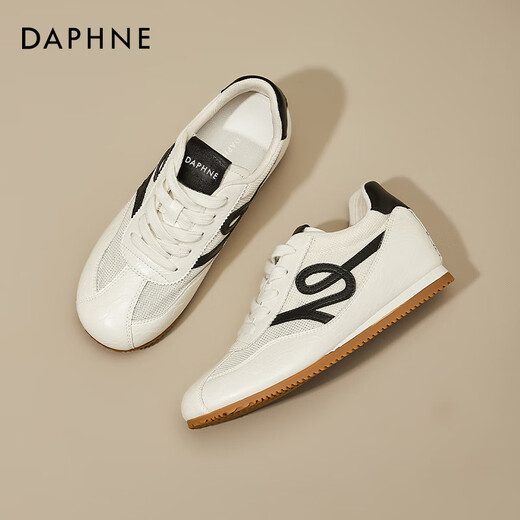 达芙妮（DAPHNE）复古德训鞋女2025新款夏季薄款网面透气小白鞋内增高百搭休闲板鞋 米黑色-透气网面 37