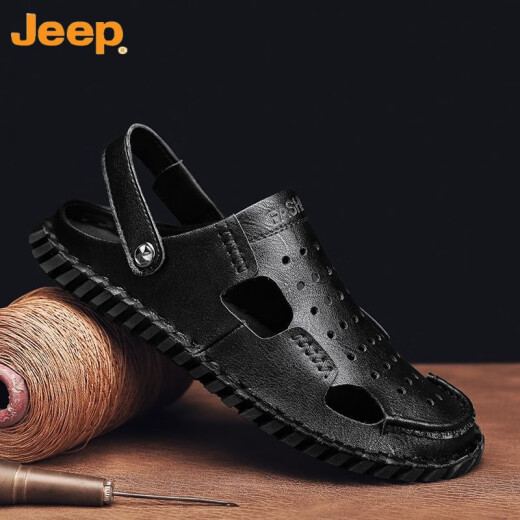 吉普（JEEP）包头凉鞋男士休闲两用2023夏季新款外穿两穿开车透气沙滩皮凉拖鞋 12033 HY黑色 39