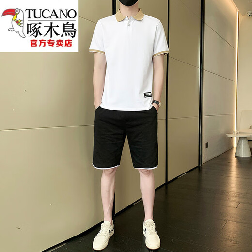 啄木鸟（TUCANO）休闲套装男士夏季短袖t恤polo衫短裤冰丝潮牌棉质帅气百搭上衣服 黑色9863（一套） XL
