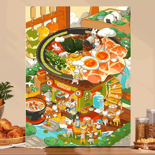Treasure Bay Food Series Pain d'huile numérique DIY acrylique rempli de peinture d'huile peinte à la main peinte à la main Couleur décorative peinture Z679 Sukiyaki 40 * 50cm Cadre intérieur en bois massif serré + crochet