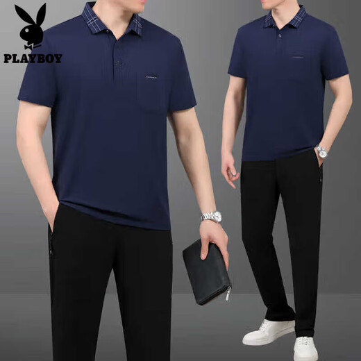 花花公子（PLAYBOY OUTDOOR）爸爸夏装冰丝短袖T恤运动套装男士夏季中老年父亲节休闲跑步套装 687-暗红【短袖+短裤】 XL【120-140斤左右】
