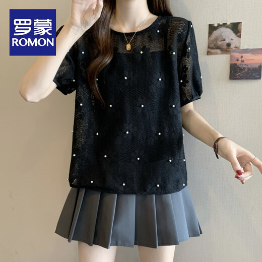 罗蒙（ROMON）2025新款女装别致钉珠蕾丝勾花镂空罩衫短袖打底吊带两件套上衣 白色 M 【80-100斤】