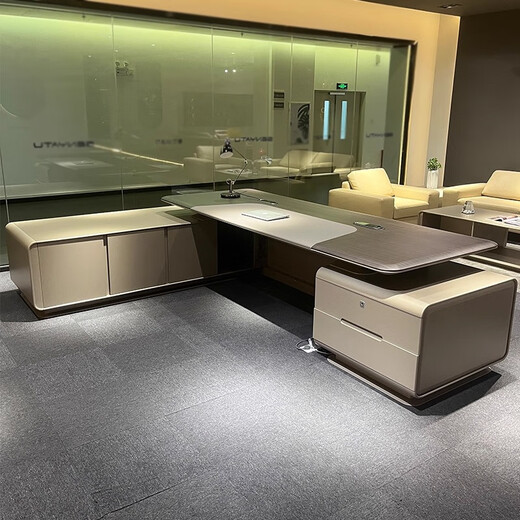 Hanjitangyu High-end Boss Desk Office Desk and Chair Combination Chairman's Office Business President Desk with Light Executive Desk Computer Desk 2.4 Meter President Desk Venetian Wood Grain + Dawn Gray