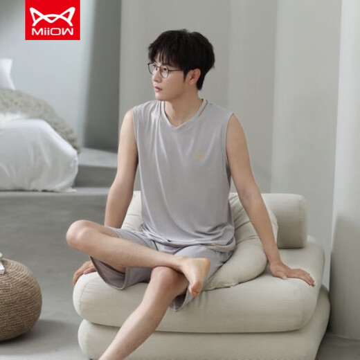 Cat Man (MiiOW) Pajamas Men's Vest Summer Modal Thin Suit Men's Home Clothes Sleeveless Jin Jin is equal to 0.5 kg, plus size two-piece set -12027 Modal Suit L Recommended 100-140 Jin Jin is equal to 0.5 kg