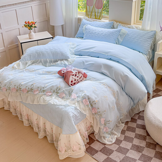 Fu丨Anna French light luxury princess style cotton four-piece set 2025 new chiffon lace embroidered quilt cover Huali-Baby Blue bed sheet style 1.8m bed cover four-piece quilt cover 200*2
