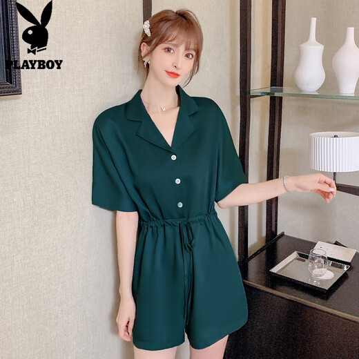 花花公子;PLAYBOY工装雪纺连体裤套装2025夏季新款薄款显瘦阔腿短裤高腰连衣裤女装 墨绿色 2XL
