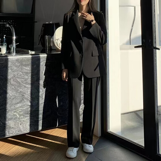FANAOGE suit suit female college civil servant interview and defense professional wear shoulder pad suit jacket loose formal work clothes black spring and autumn style (suit jacket + white shirt + trousers) three-piece suit with shoulder pads