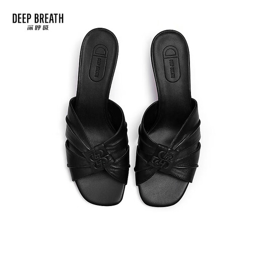 Deep Atem Tief Atem Frauenschuhe Schaffell weiche faltige dicke Absätze Jingshe bequeme High Heel Sandalen Ax14116 Schwarz 39