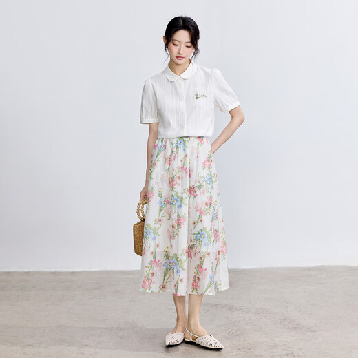 
InMAN (INMAN) pure cotton literary embroidered short-sleeved white shirt for women 2025 summer comfortable and versatile commuter lapel shirt top Pearl white M