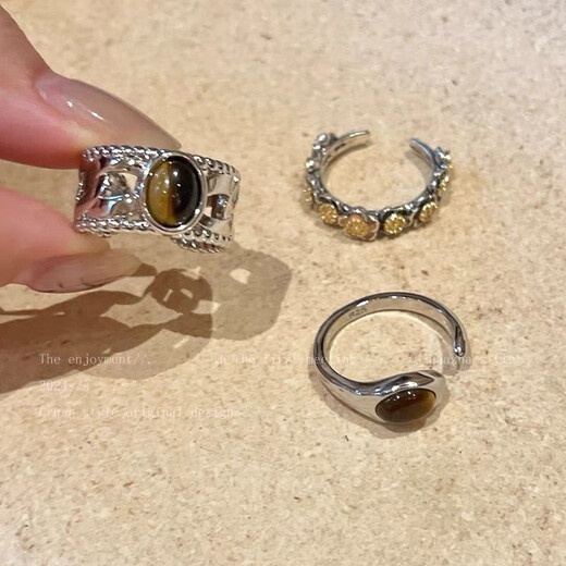 DUTRIEUX Retro Rad Flower Tiger Eye Stone Ring Women's Niche Design Open Autumn and Winter Index Finger Ring Women's Personality Valentine's Day Gift M1283 [Tiger Eye Wide Ring] other