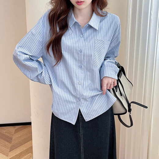 TonLion 2025 Autumn Women's Blue Striped Long Sleeve Shirt